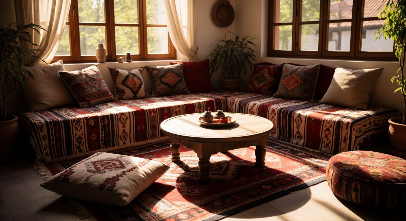A cozy Turkish living room with a round wooden coffee table surrounded by plush cushions and a traditional kilim rug, bathed in warm sunlight from a nearby window.