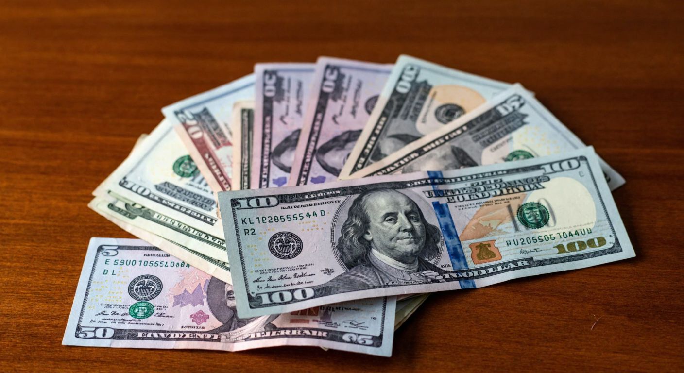 A neatly arranged stack of colorful US dollar bills (1, 2, 5, 10, 20, 50, 100) on a wooden table, with older, larger denominations (500, 1000, 10,000) slightly faded in the background.