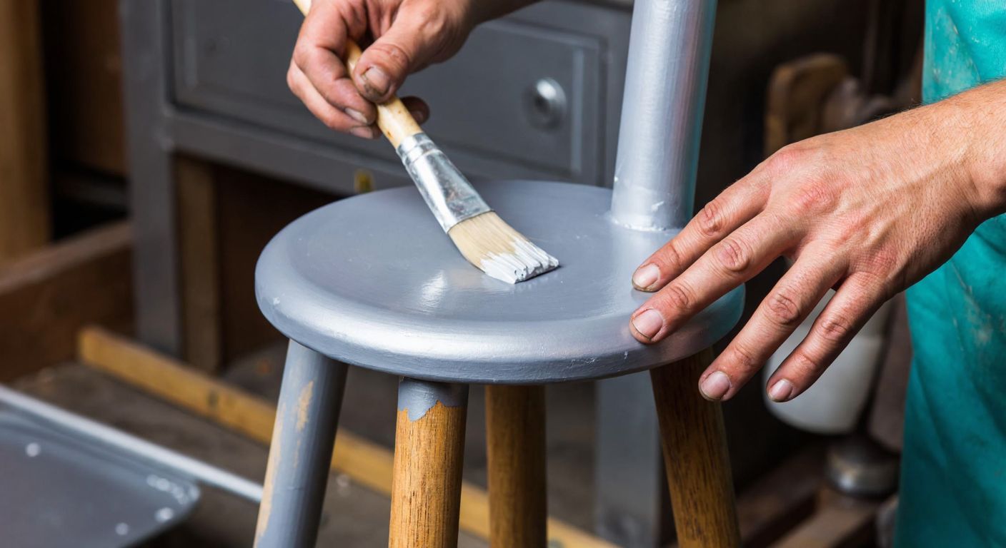 A close-up of a craftsman's hands in a Turkish workshop, carefully applying a smooth, glossy cellulose primer to a wooden chair with a brush, surrounded by metal and wood surfaces prepped for painting.