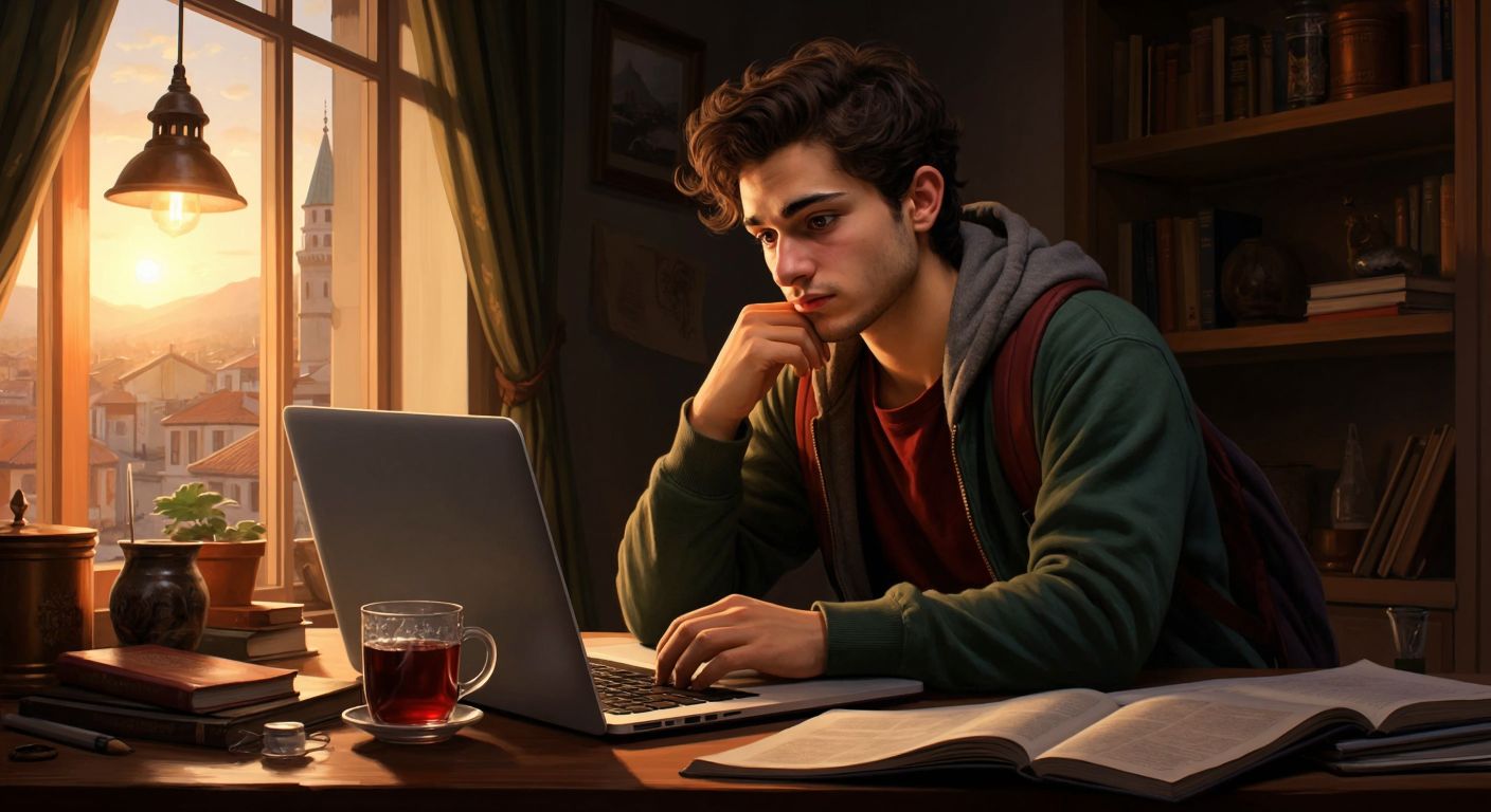 A young Turkish student in a cozy home study space, thoughtfully browsing a laptop with a steaming cup of Turkish tea, surrounded by KPSS study materials and a mix of hopeful and skeptical expressions.