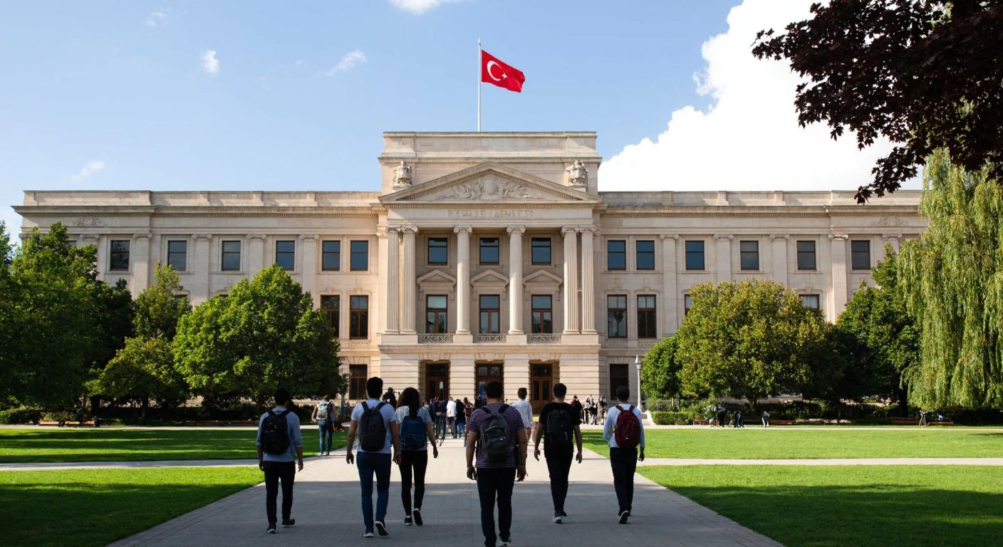 A grand university building with a Turkish flag flying atop, surrounded by students in casual attire walking through a green campus under a sunny sky.