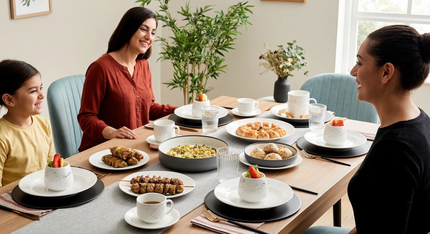 A beautifully set dining table in a warm Turkish home, featuring the elegant Luminarc Diwali Granit Marbre dinner set for six, surrounded by traditional dishes like kebabs and baklava, with a family smiling in anticipation of the meal.