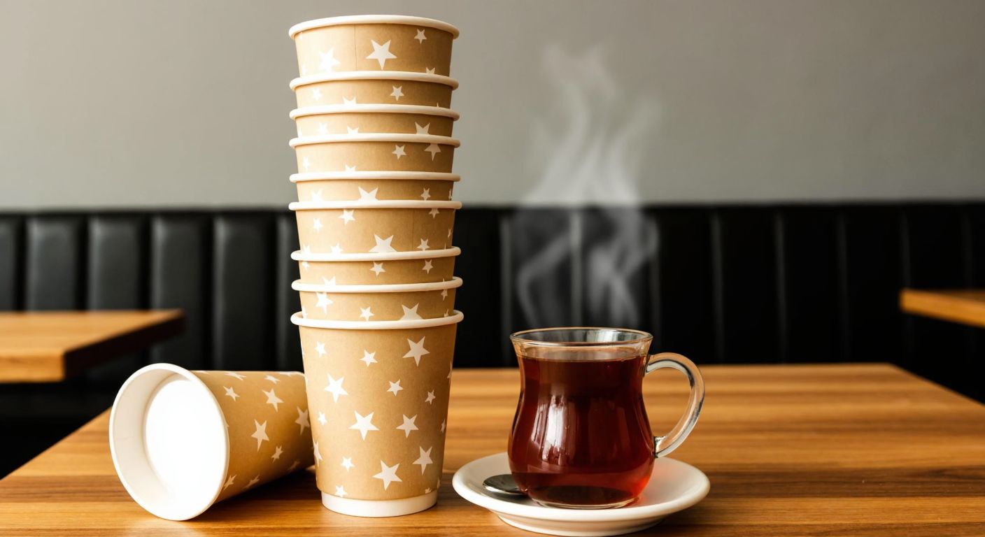 A neatly stacked pile of sturdy, star-patterned Euro Vending cardboard cups on a wooden café table in Turkey, with steam rising from a freshly poured cup of çay beside them.