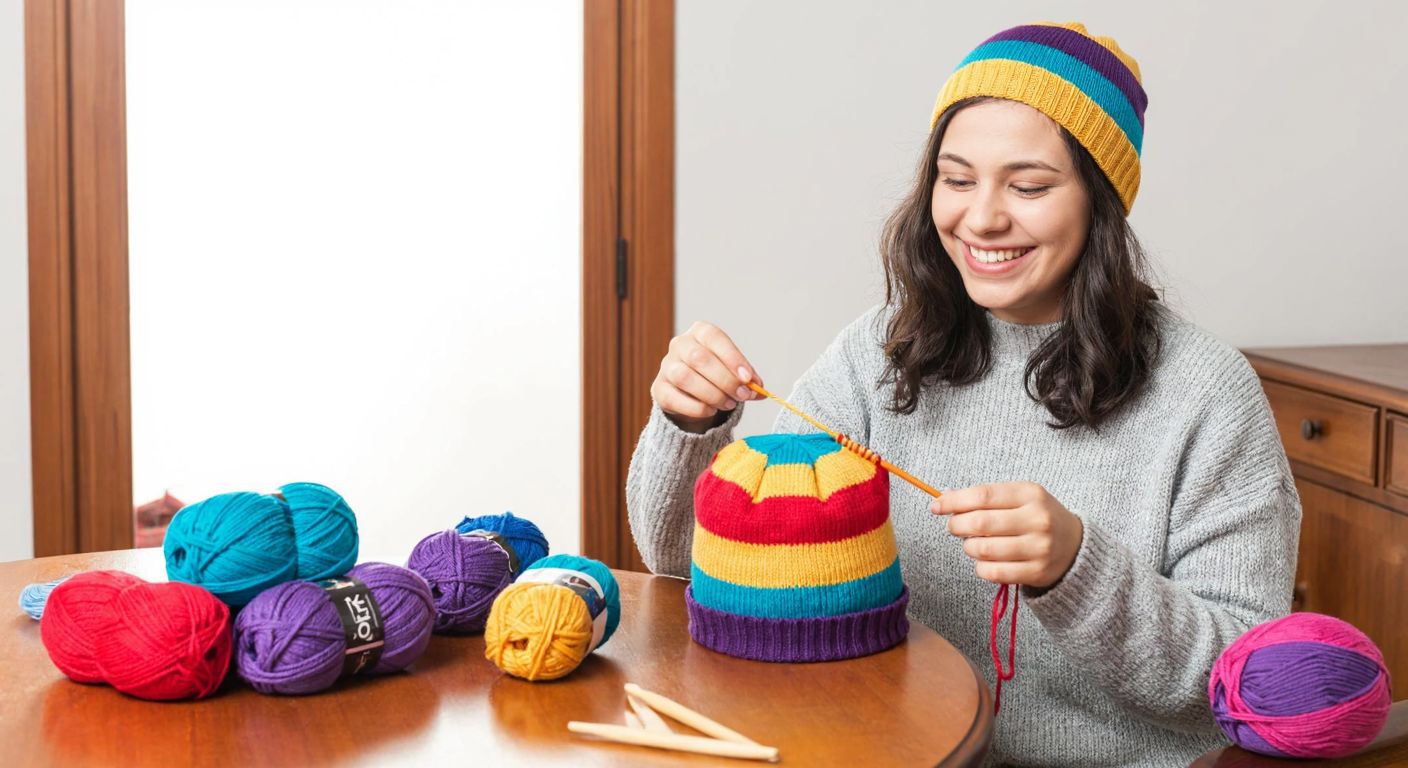 A smiling woman in a cozy Turkish home knits a colorful striped hat with balls of Nako Vega yarn scattered on a wooden table beside her.