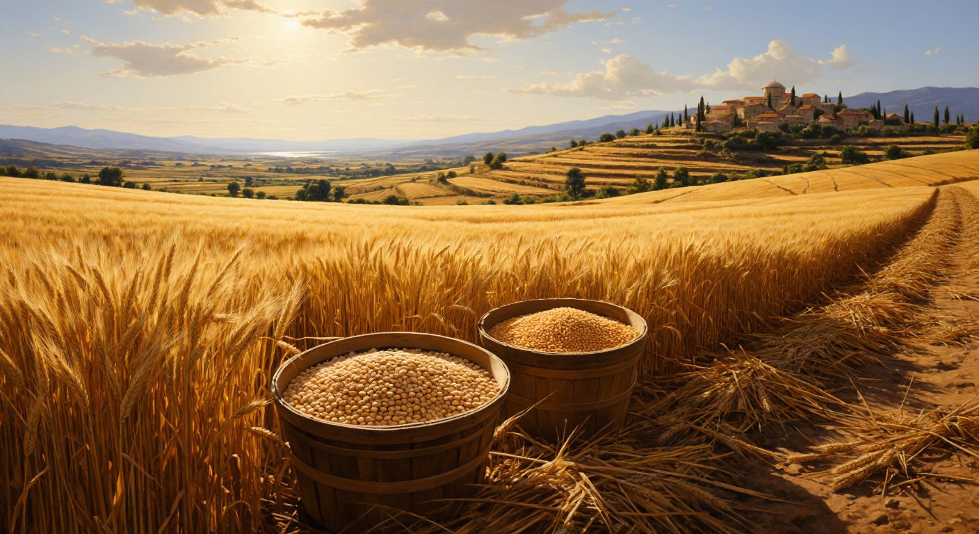 A sunlit golden field in rural Turkey, with ripe wheat and barley swaying in the breeze, alongside baskets filled with lentils, chickpeas, and rice at the edge of the field.