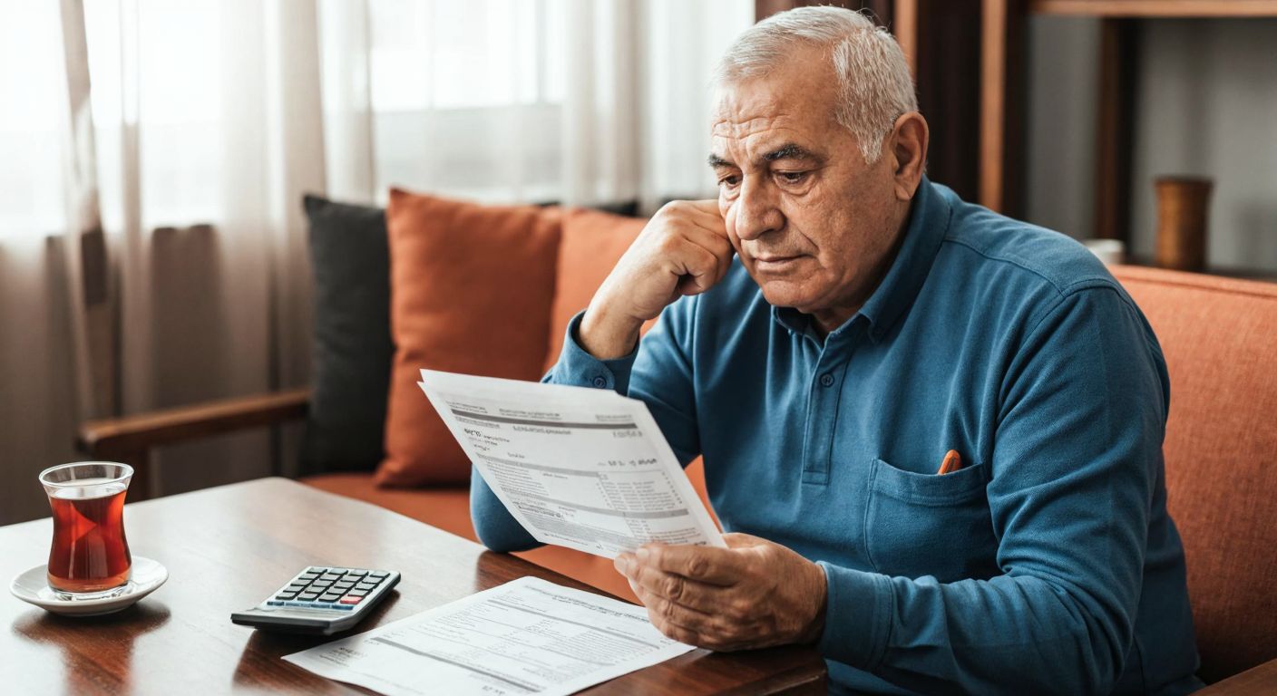 An elderly Turkish man in a cozy home setting, thoughtfully holding a calculator and a pension statement, with a warm cup of çay on a wooden table beside him.