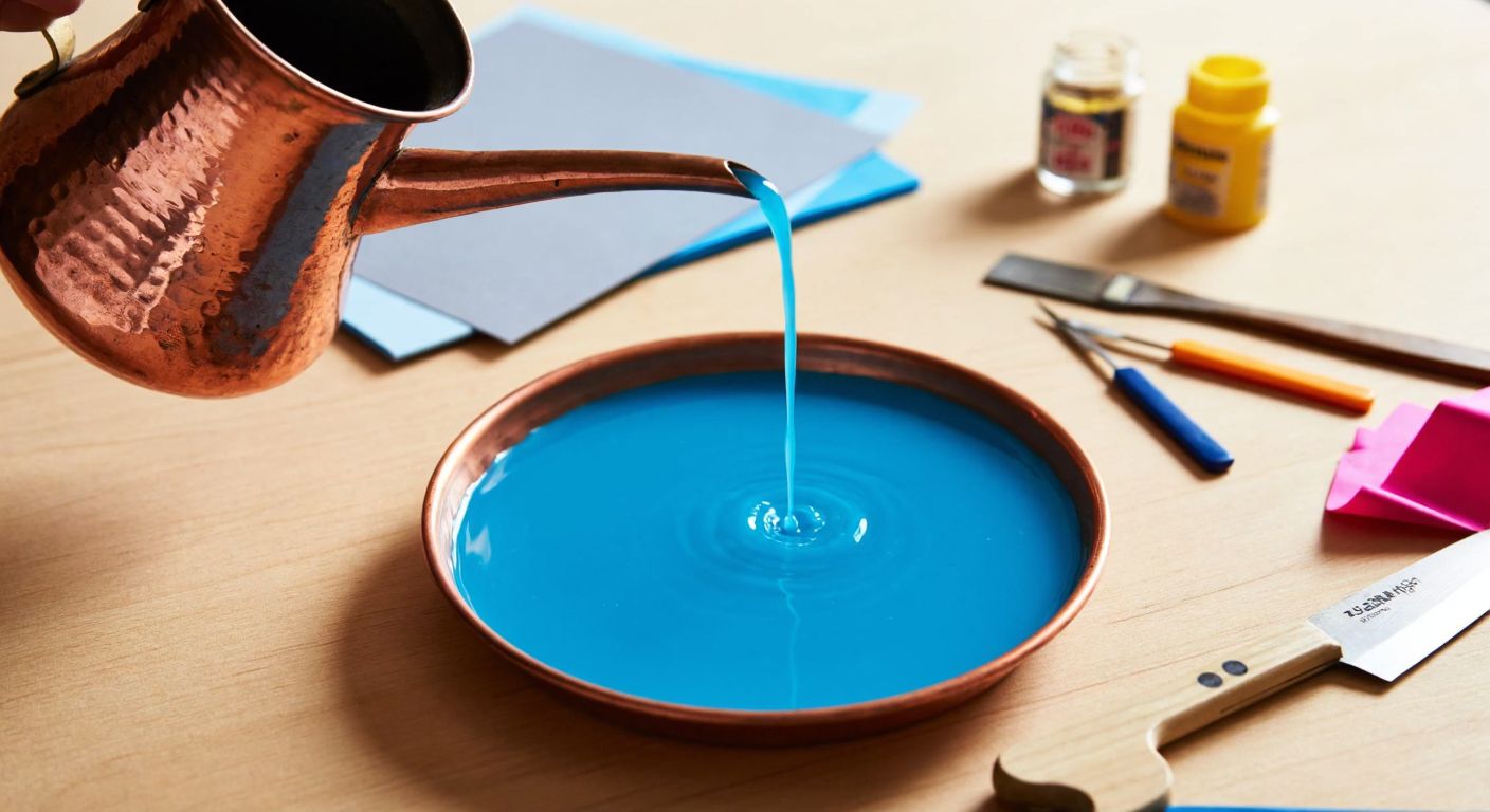 A miniature blue lake formed by tiny droplets falling from a copper Turkish water jug onto a wooden table, surrounded by scattered crafting tools like glue, scissors, and colored paper.