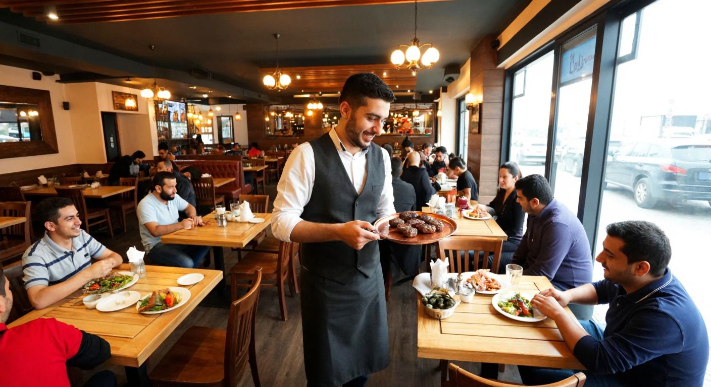 A bustling Turkish restaurant in Başakşehir with a warm, inviting interior, where a waiter serves sizzling köfte on a copper plate to smiling customers seated at wooden tables.