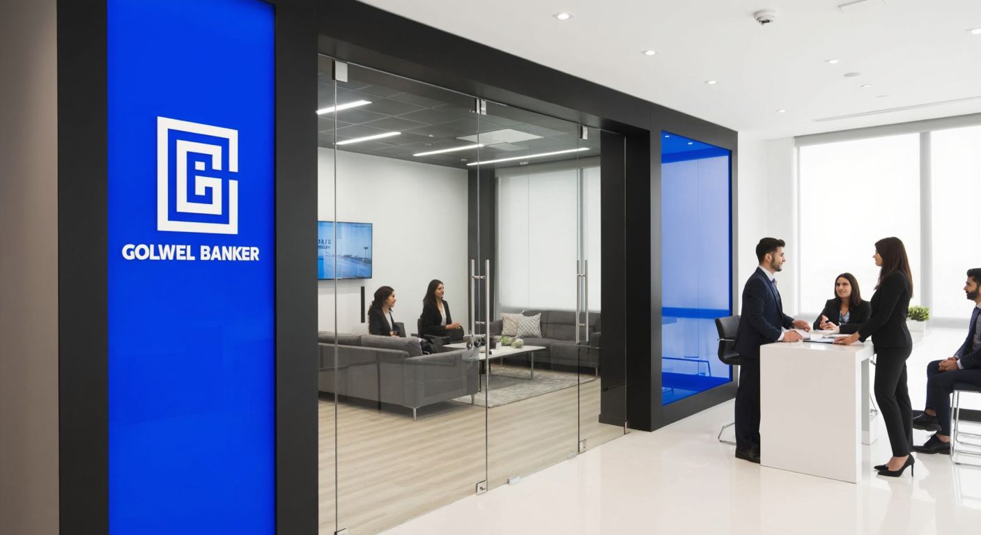 A modern, professional real estate office in Turkey with well-dressed agents confidently assisting clients, framed by a sleek glass facade and a prominent Coldwell Banker logo on the wall.
