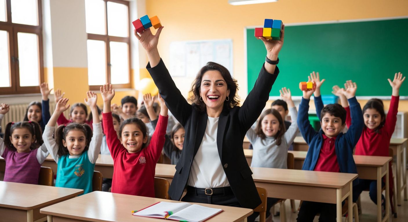 A cheerful Turkish first-grade teacher in a bright classroom holds up colorful counting blocks while smiling students sit at small wooden desks, eagerly raising their hands.