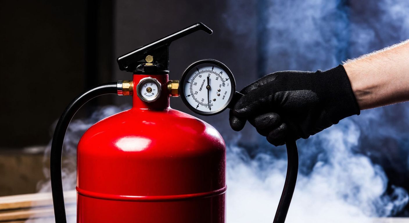 A red fire extinguisher with a pressure gauge held by a gloved hand in a dimly lit industrial setting, with faint smoke in the background.