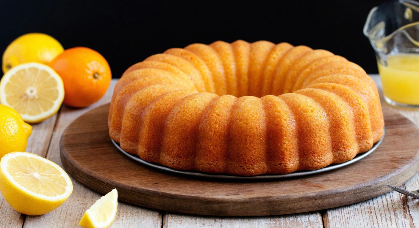 A golden, citrus-scented lemon-orange cake sits on a rustic wooden table, with fresh lemon slices and orange peels scattered around it, evoking warmth and a Turkish home kitchen.