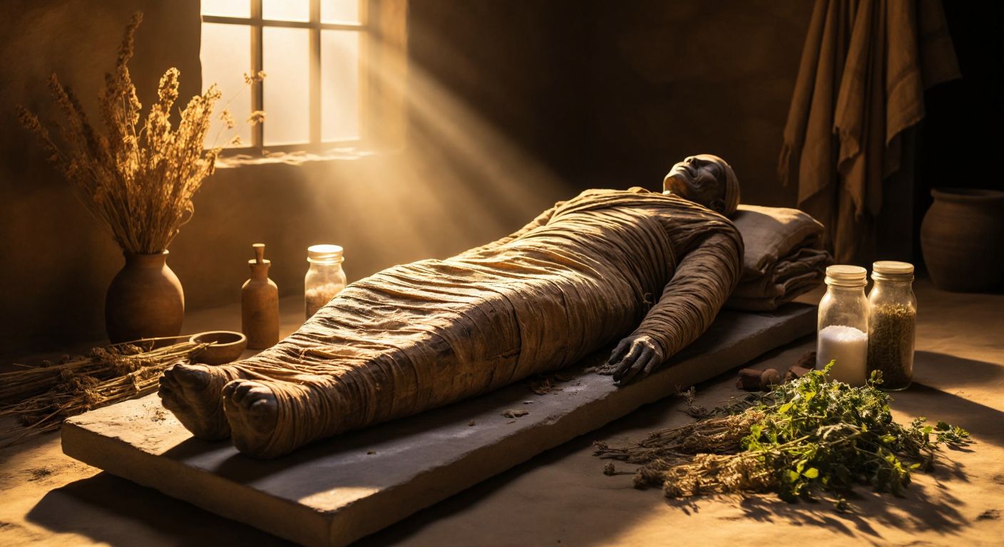A meticulously wrapped ancient mummy lies on a stone slab, surrounded by dried herbs, linen strips, and jars of salt, with golden sunlight filtering through a dusty chamber.