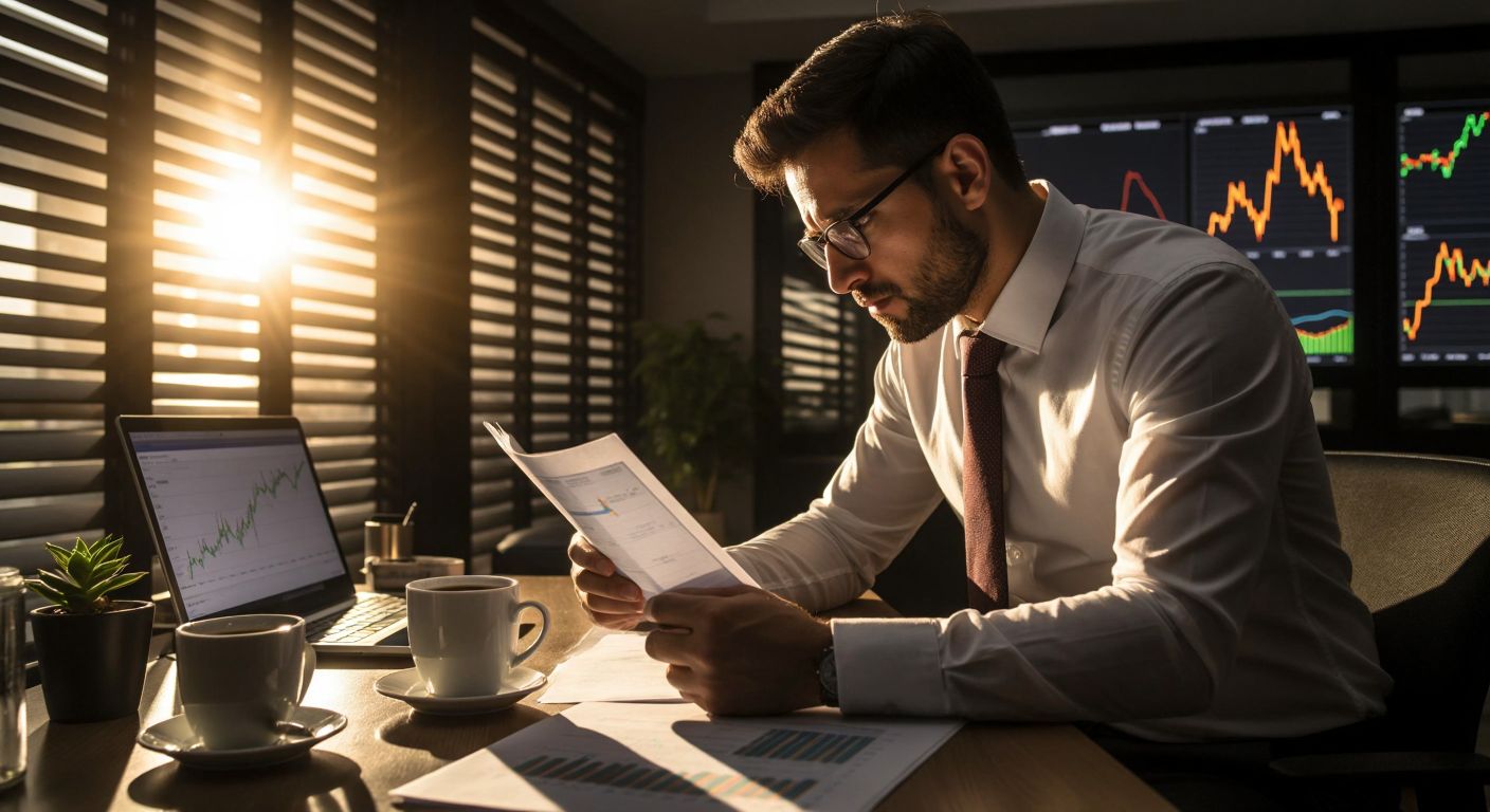 A tense trader in a modern Istanbul office intensely studies a stock chart with converging trendlines, gripping a steaming cup of Turkish coffee as sunlight filters through the blinds.