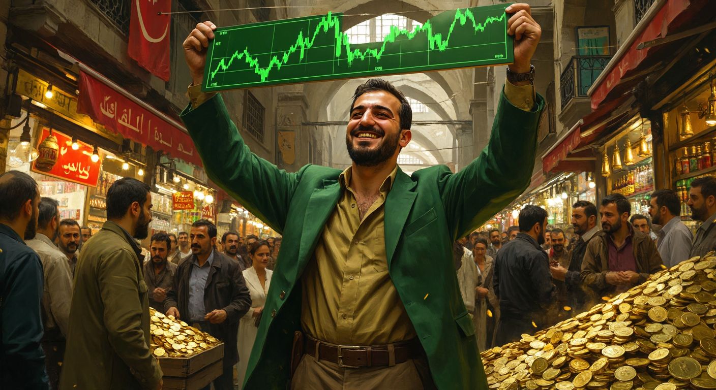 A Turkish trader in a bustling Istanbul bazaar, smiling confidently while holding a rising green chart shaped like a double-bottom pattern, surrounded by eager onlookers and scattered gold coins.