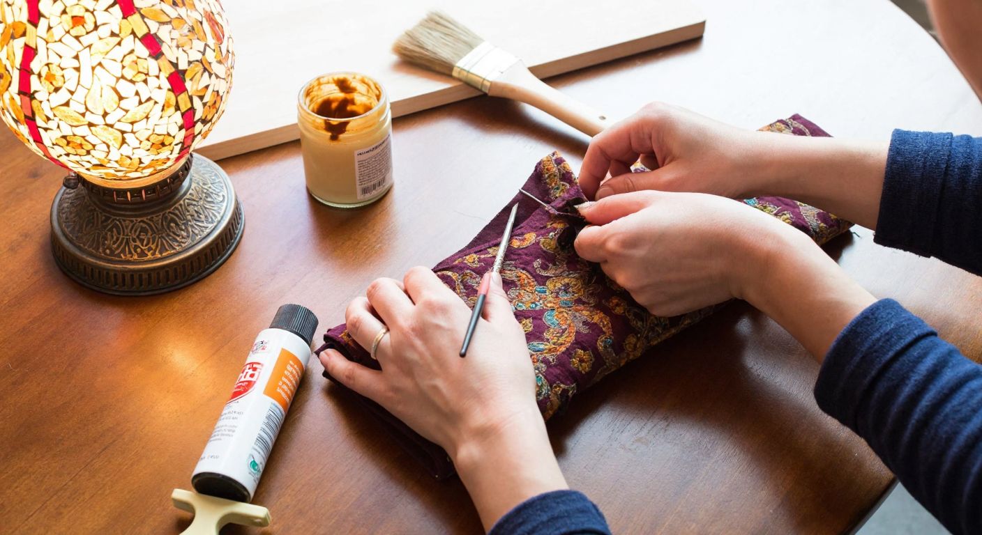 A pair of hands carefully measuring and cutting fabric over a wooden table, with a traditional Turkish lamp base nearby, a glue brush resting on a jar, and clamps holding the fabric in place.
