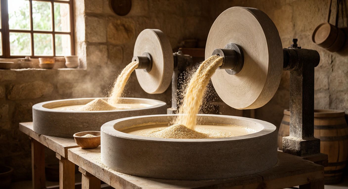 A rustic stone tahini mill in a sunlit Turkish workshop, with warm golden sesame seeds being slowly crushed between two large rotating stone wheels, releasing a smooth, creamy paste into a wooden trough below.