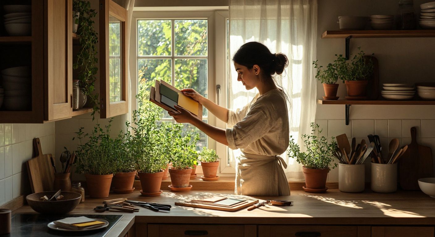A Turkish woman in a cozy, sunlit kitchen carefully attaching a wooden cover to the top of her cabinet, with scattered tools, fabric samples, and potted herbs nearby.