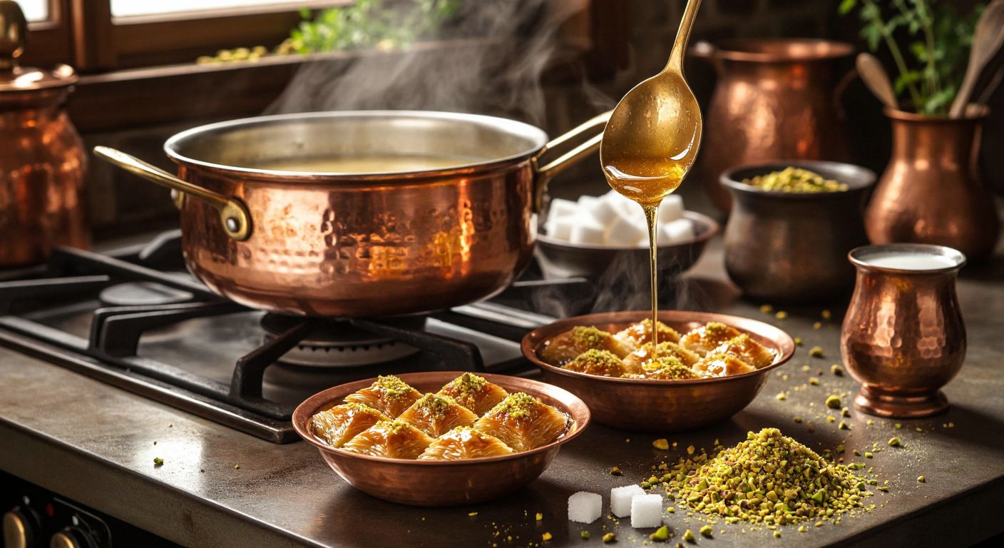 A Turkish kitchen with a copper pot simmering on a stove, golden syrup dripping from a wooden spoon, and a bowl of freshly made cold baklava syrup glistening under warm light, surrounded by ingredients like sugar cubes, milk, and a scattering of pistachio crumbs.