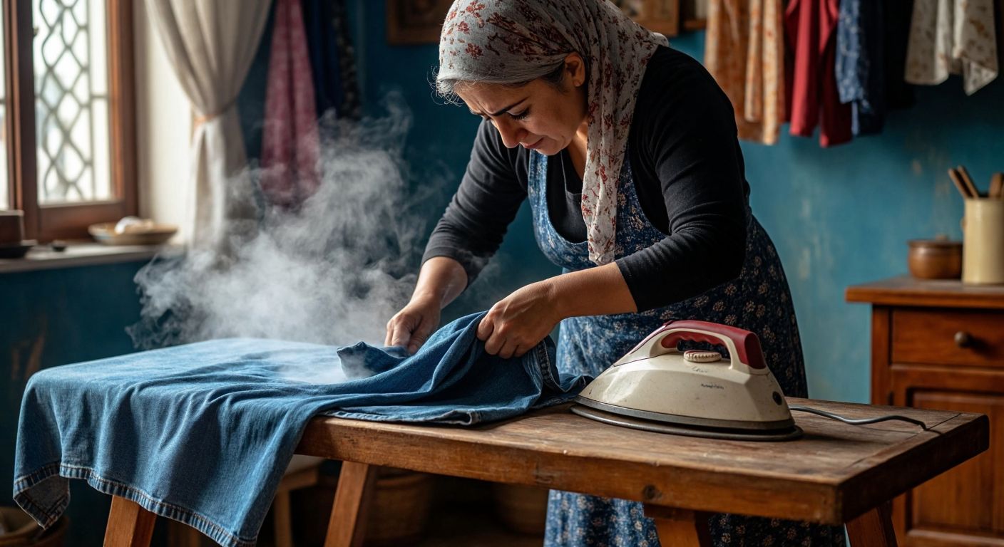A Turkish woman carefully irons a pair of blue jeans inside out on a wooden ironing board, with steam rising from the fabric and a traditional iron resting nearby.
