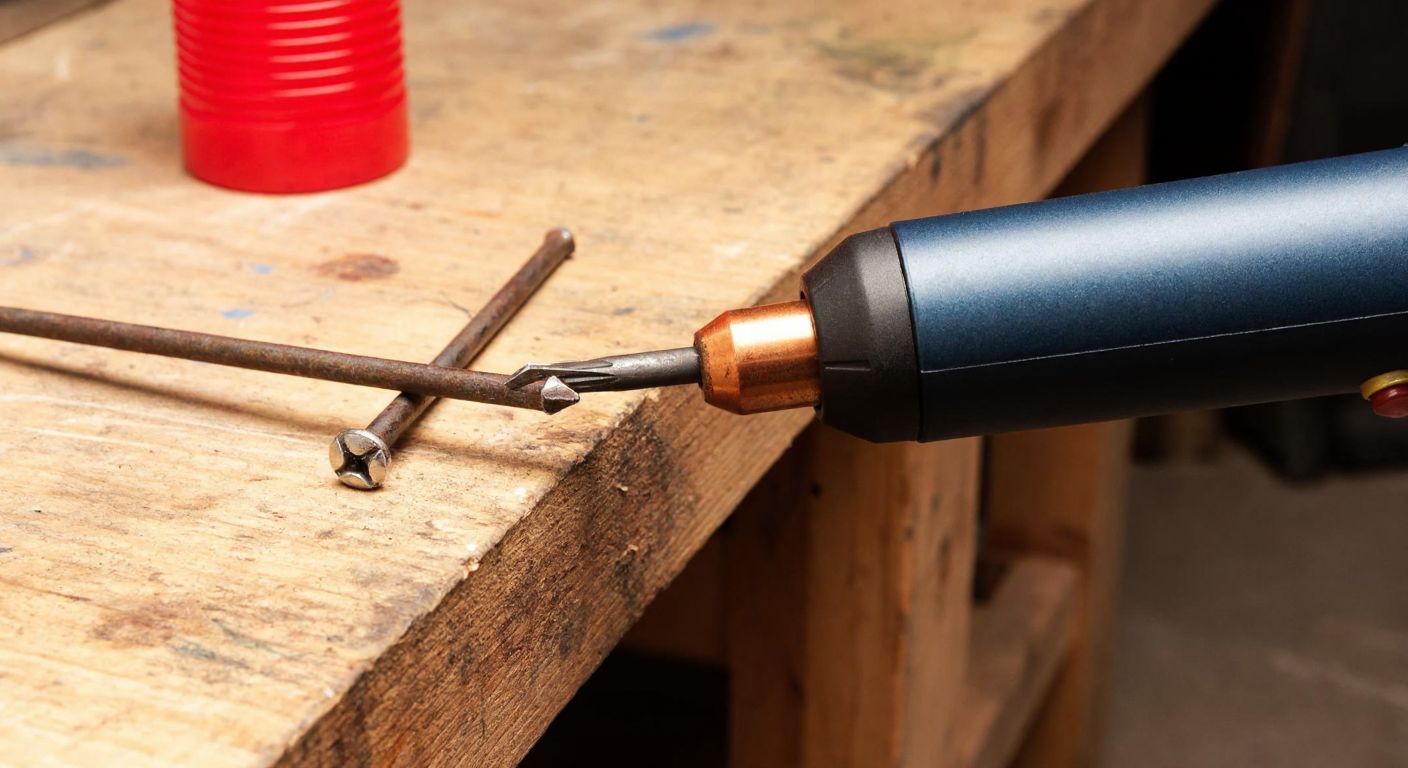 A close-up of a rusted nail being sprayed with a rust remover, with a heat gun nearby, set against a worn wooden workbench in a Turkish workshop.