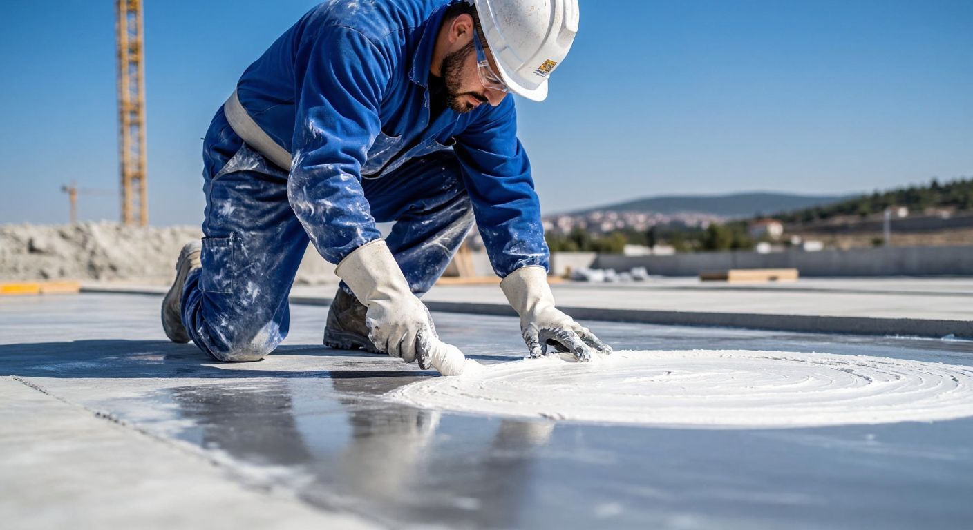 A construction worker in a blue jumpsuit carefully applying a coat of white paint over a dried, gray polyurethane sealant on a concrete surface in a sunny outdoor worksite in Turkey.