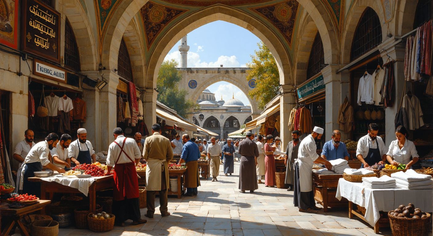 A bustling Turkish marketplace with merchants in aprons discussing business under a grand archway, while a neatly dressed hotel housekeeper arranges fresh linens in a sunlit room nearby.