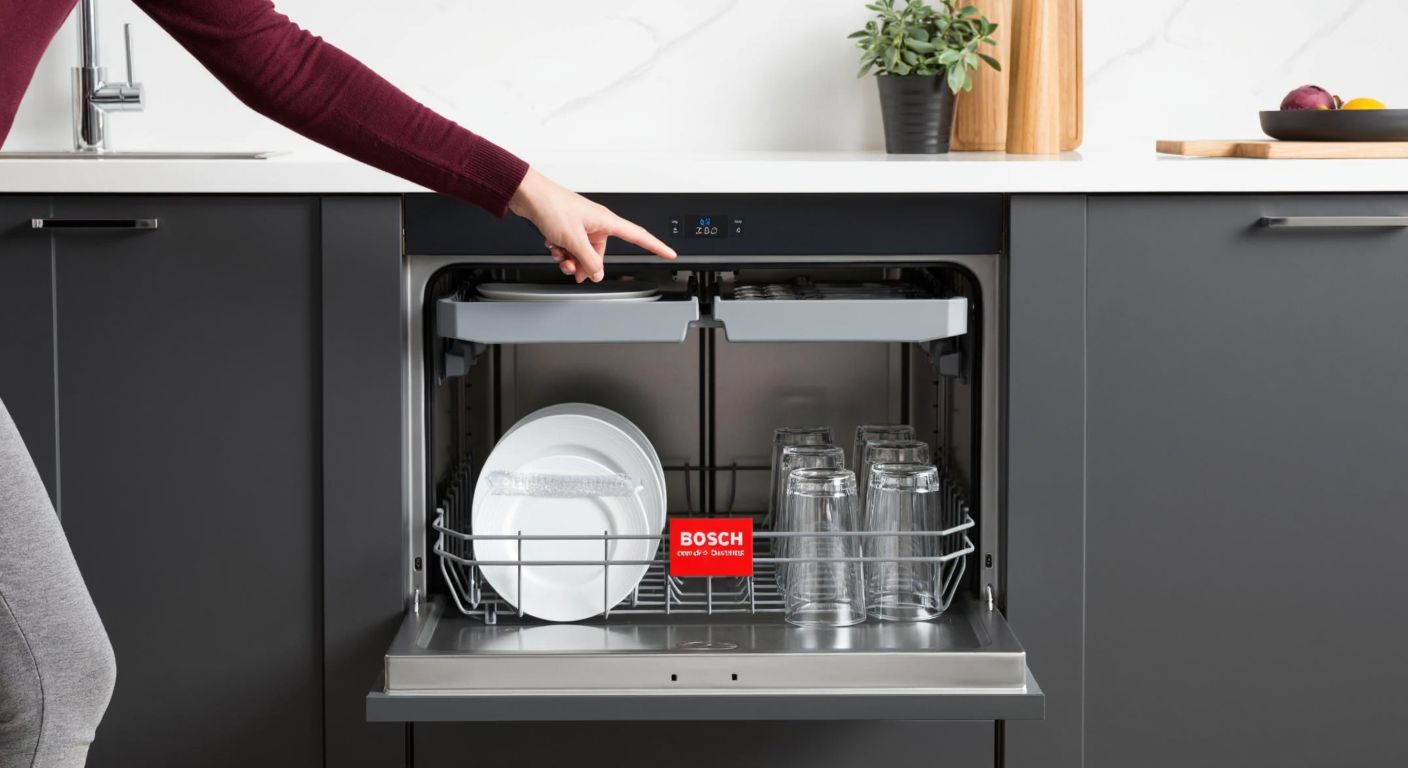 A modern Turkish kitchen with a sleek Bosch Silence Plus dishwasher, its door slightly ajar as a person’s hand presses a glowing button, while neatly stacked plates and glasses wait inside.
