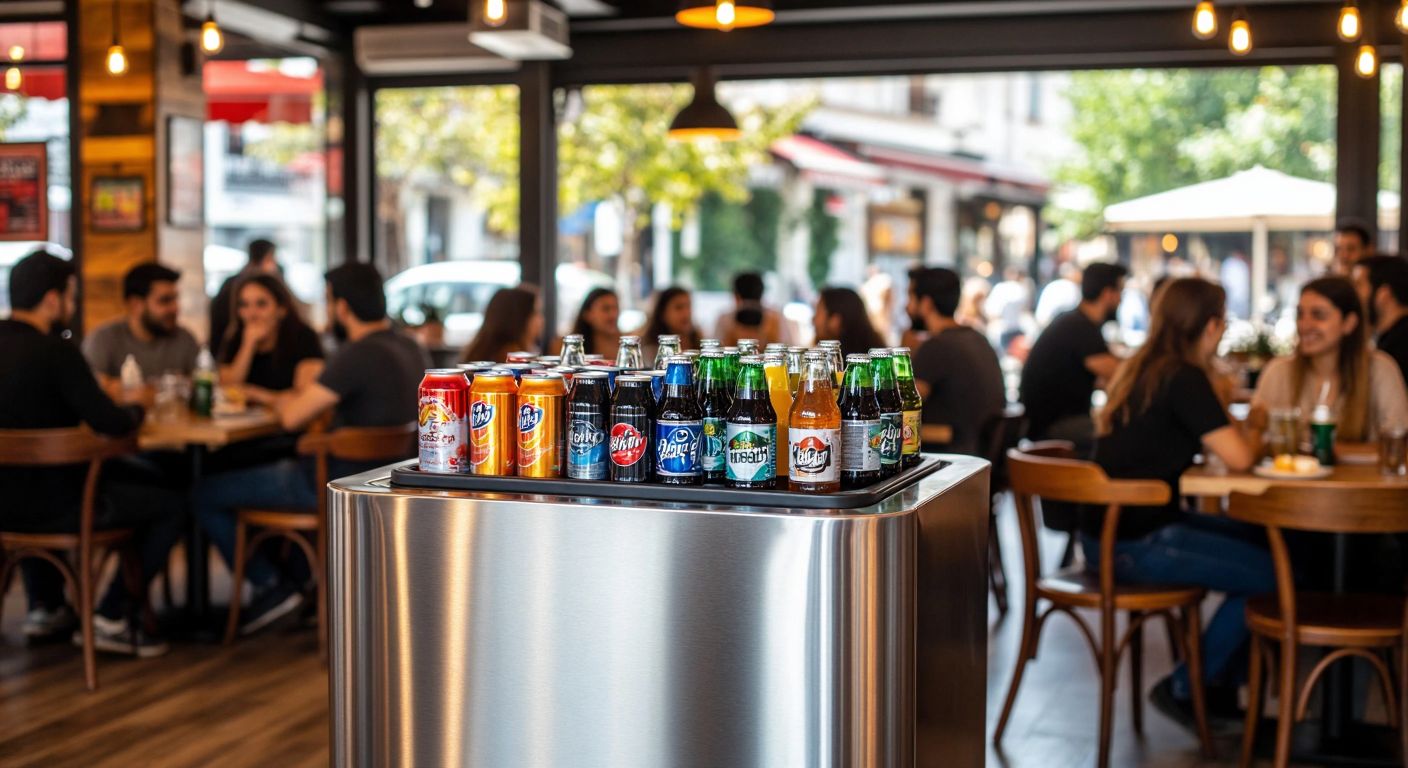 A sleek stainless steel beverage cooler filled with colorful bottles and cans sits in a bustling Turkish café, surrounded by people chatting and enjoying cold drinks.