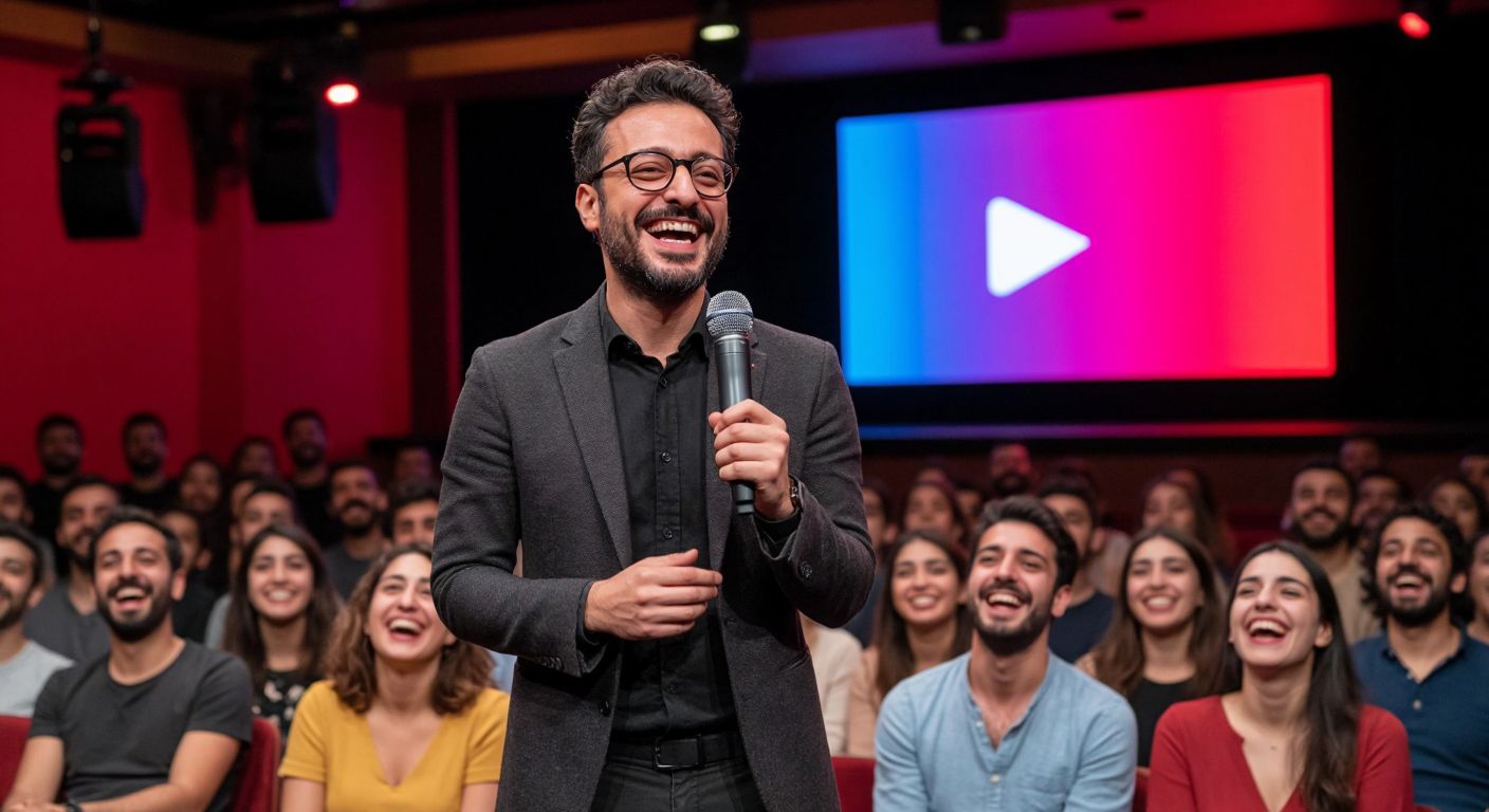 A smiling İbrahim Selim standing on a small theater stage in Istanbul, holding a microphone with a backdrop of a colorful YouTube play button, surrounded by an engaged audience laughing.