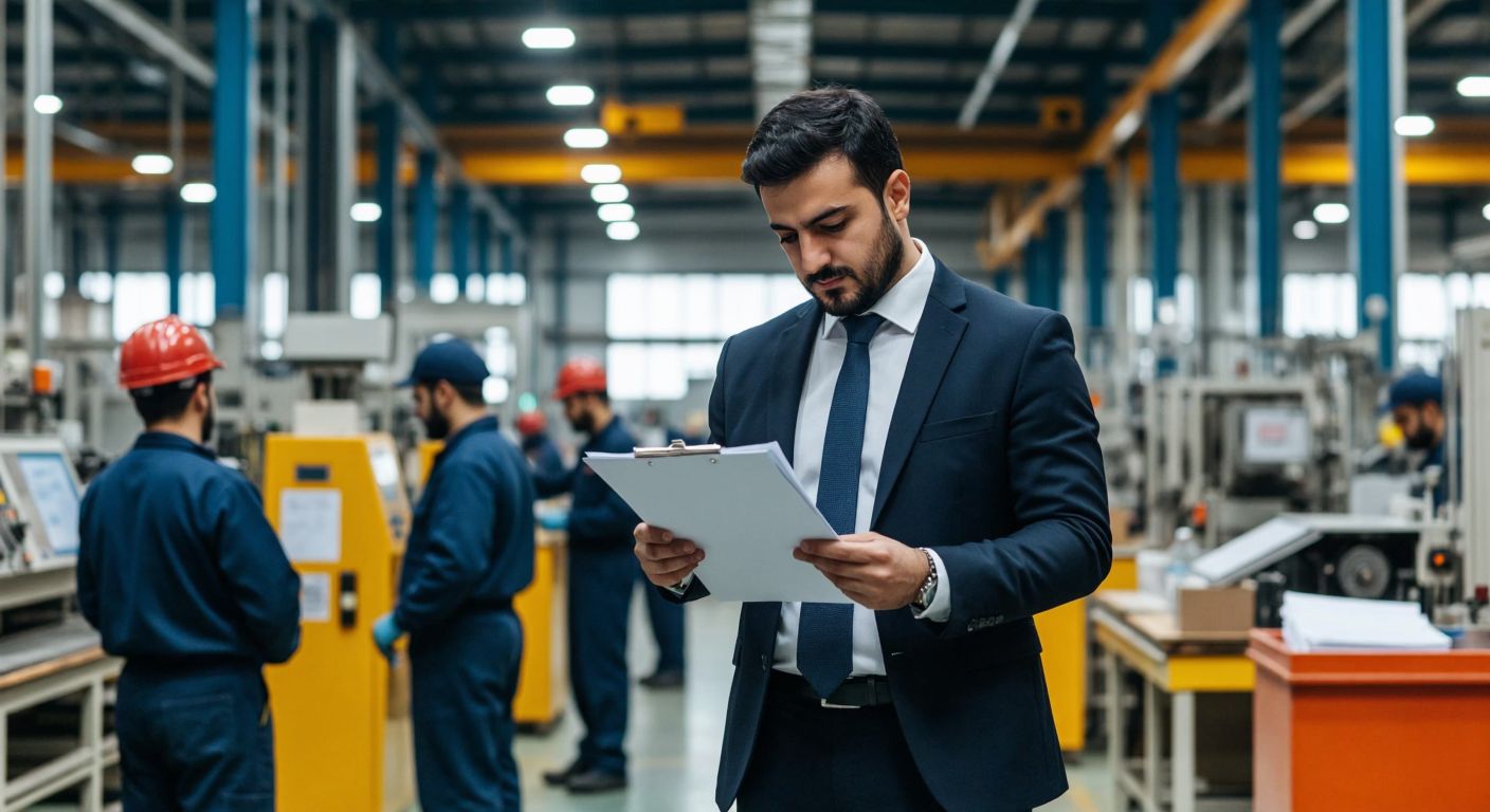 A confident Turkish ISO lead auditor in a formal suit inspects documents in a bustling manufacturing plant, surrounded by workers in uniforms and machinery, symbolizing diverse career opportunities.