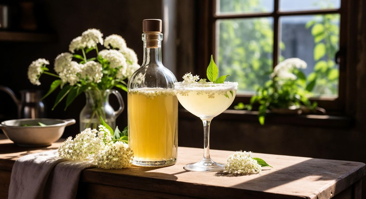 A rustic wooden table in a sunlit Turkish kitchen holds a clear glass bottle filled with golden elderflower liqueur, a delicate elderflower branch beside it, and a sparkling cocktail garnished with fresh white elderflowers in a frosty coupe glass.