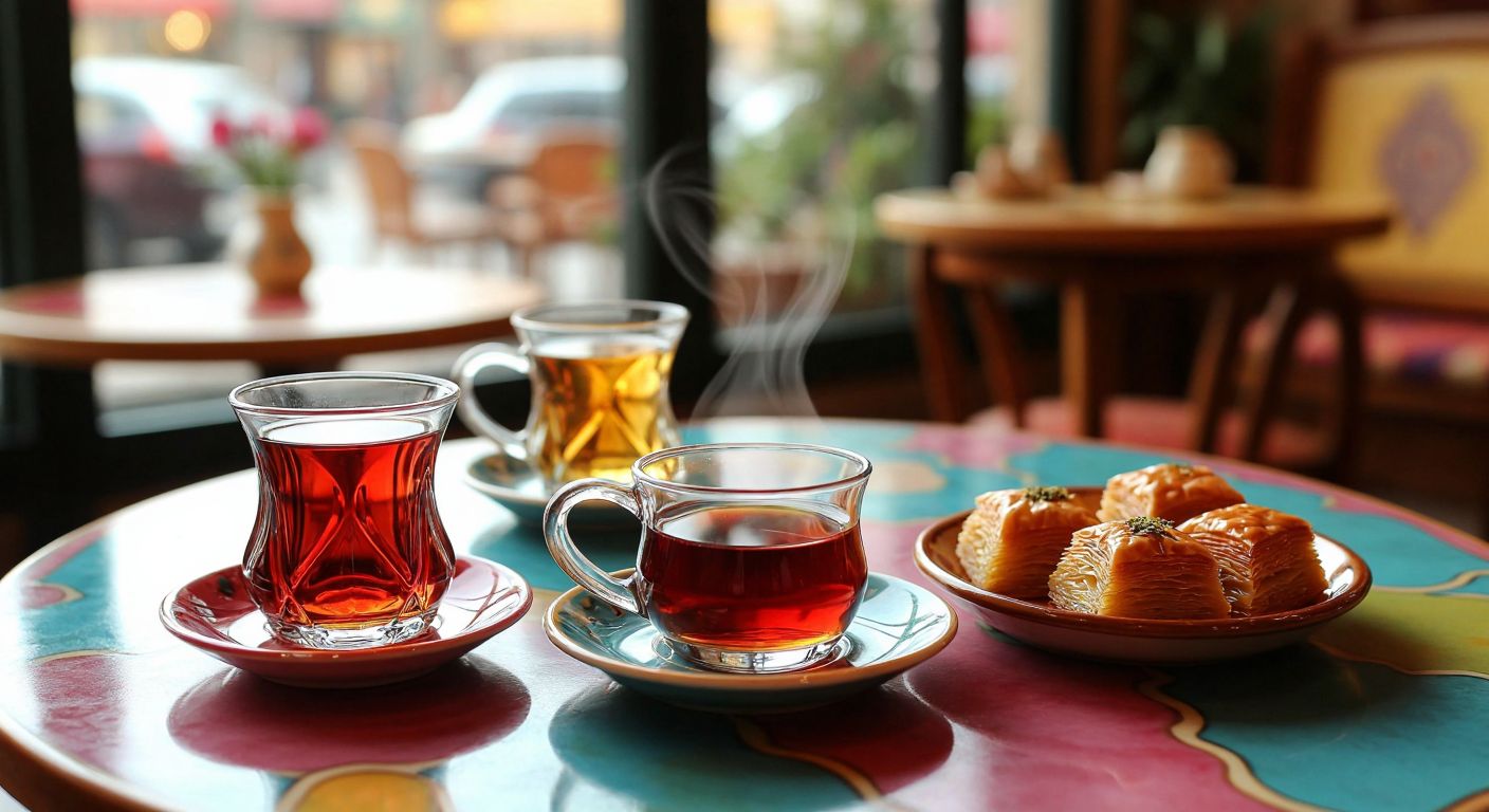 A colorful table in a Turkish café set with elegantly shaped glass cups—some curved for ergonomic sipping, others heart-shaped for decoration—next to a steaming cup of çay and a bowl of baklava, evoking warmth and aesthetic appeal.