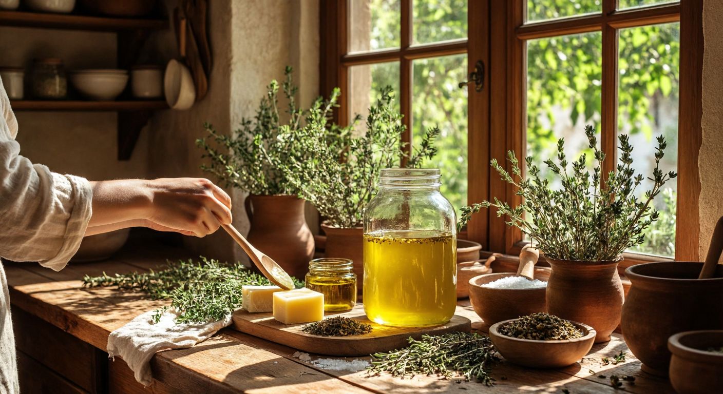 A warm, sunlit Turkish kitchen with a wooden table displaying a large glass jar of homemade liquid soap surrounded by natural ingredients like olive oil, lye, and herbs, while a pair of hands patiently stirs the mixture with a wooden spoon.