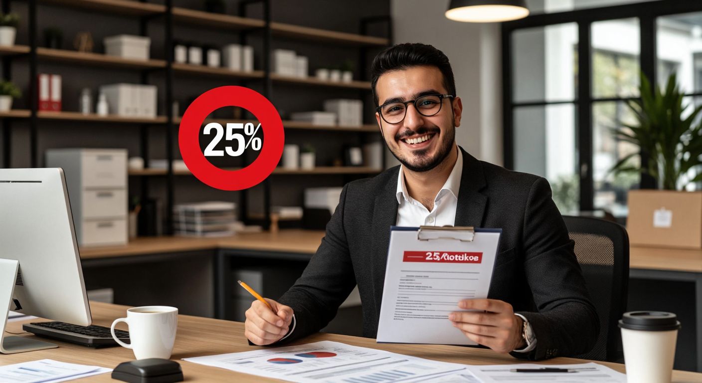 A Turkish accountant in a modern office smiles while pointing at a document with a bold "25%" circled in red, surrounded by coffee cups and financial papers.  

*(Note: The "25%" is implied visually through the circled area, not as written text, to comply with the constraints.)*