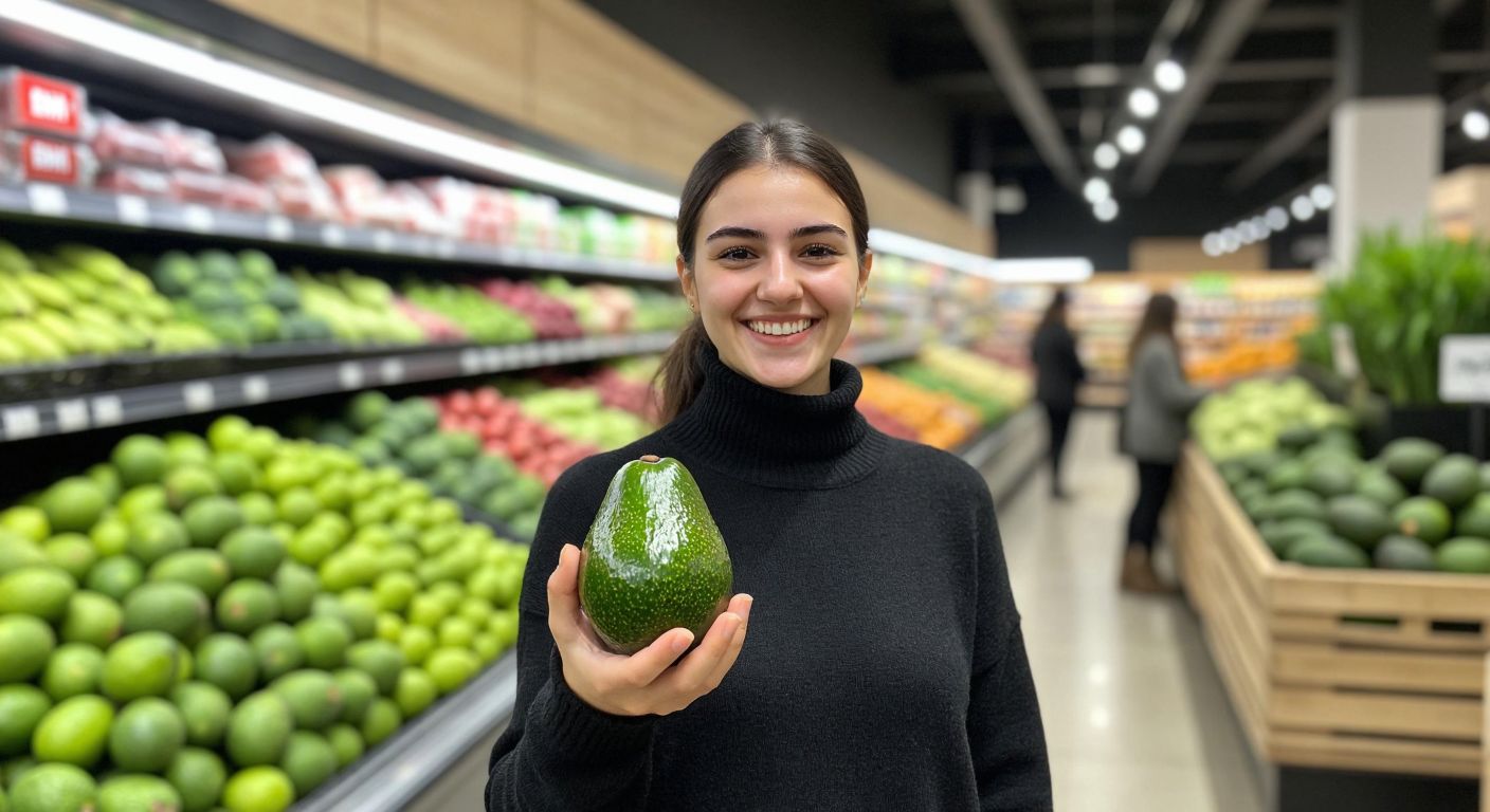 A cheerful shopper in a BİM supermarket in Turkey, holding a ripe avocado with a bright green produce section in the background.