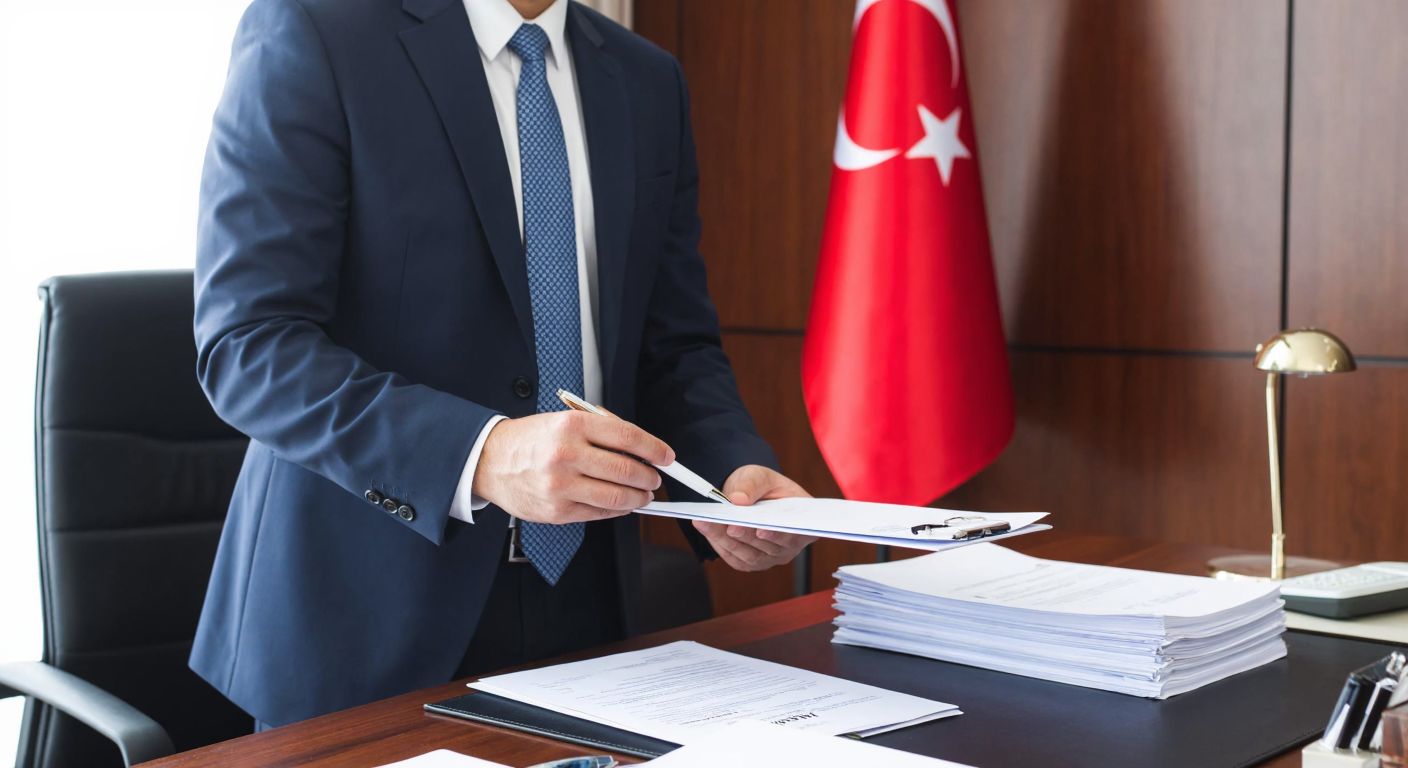 A well-dressed businessperson in a formal office setting in Denizli, holding a stamped document and a pen, with a stack of papers and a Turkish flag in the background.