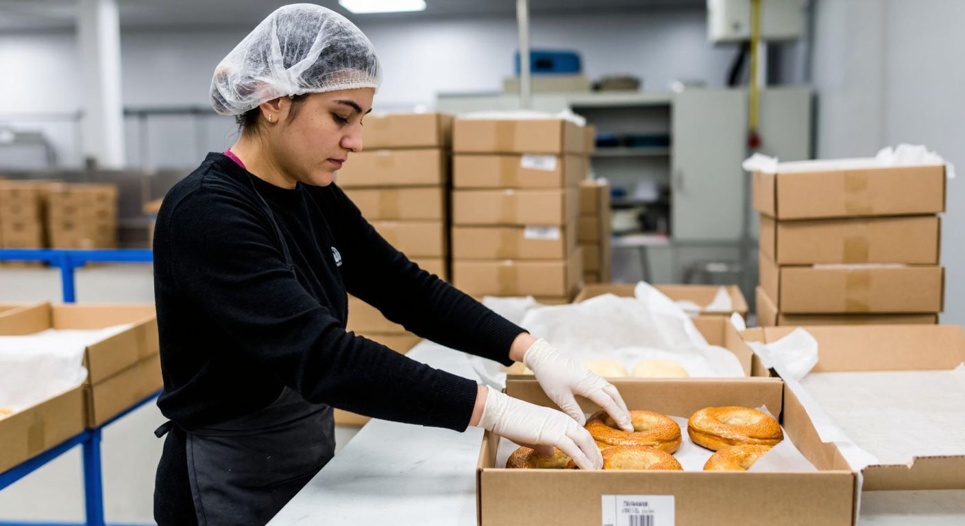 A focused worker in a factory, wearing gloves and a hairnet, carefully placing freshly baked simit into cardboard boxes lined with wax paper, surrounded by stacks of neatly sealed packages.