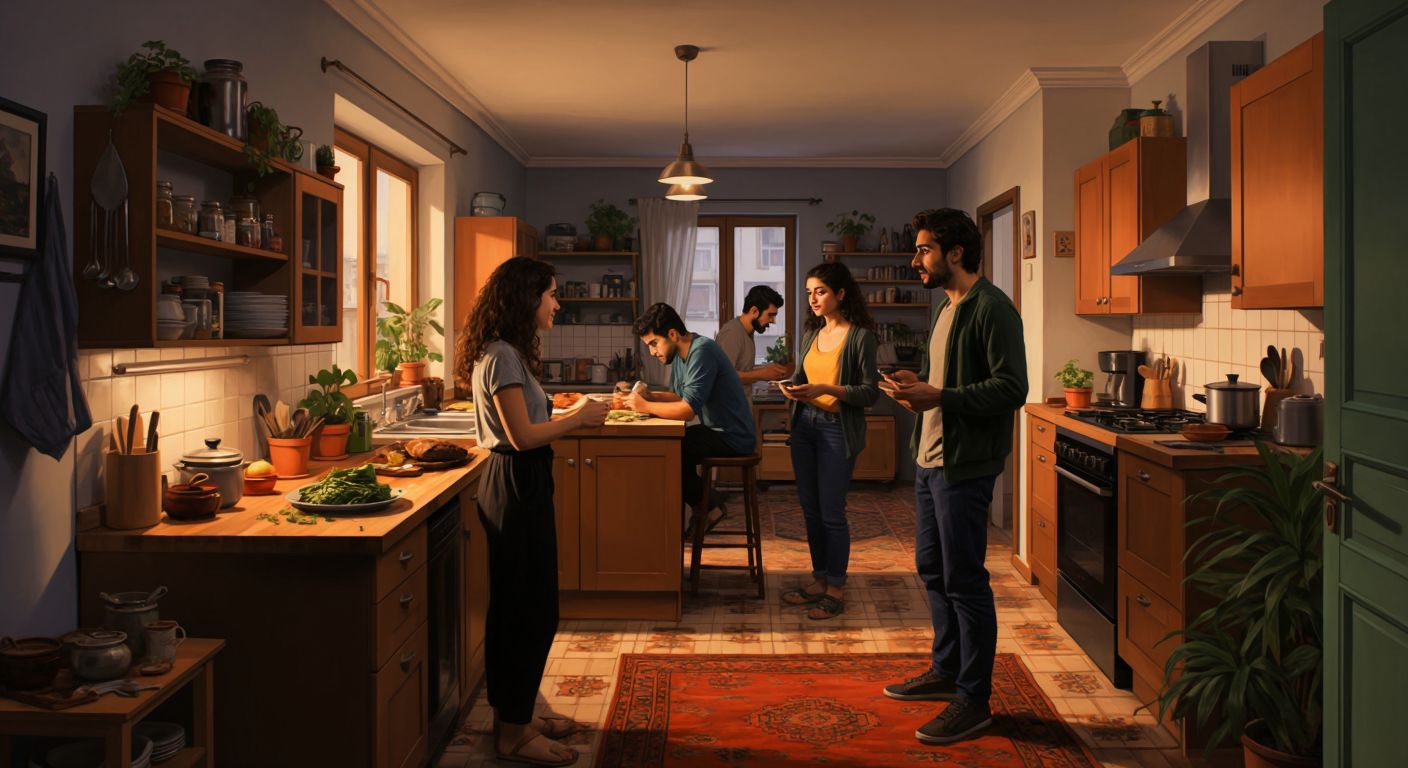 A cozy Turkish apartment with multiple young adults—some studying, others cooking in a shared kitchen—while a landlord discusses with a lawyer in the hallway, reflecting both communal living and legal concerns.