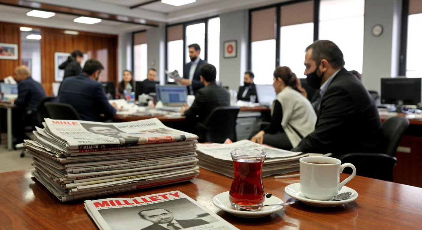 A bustling Turkish newsroom with journalists in modern attire discussing headlines, framed by stacks of Milliyet newspapers and a steaming cup of traditional Turkish tea on a wooden desk.