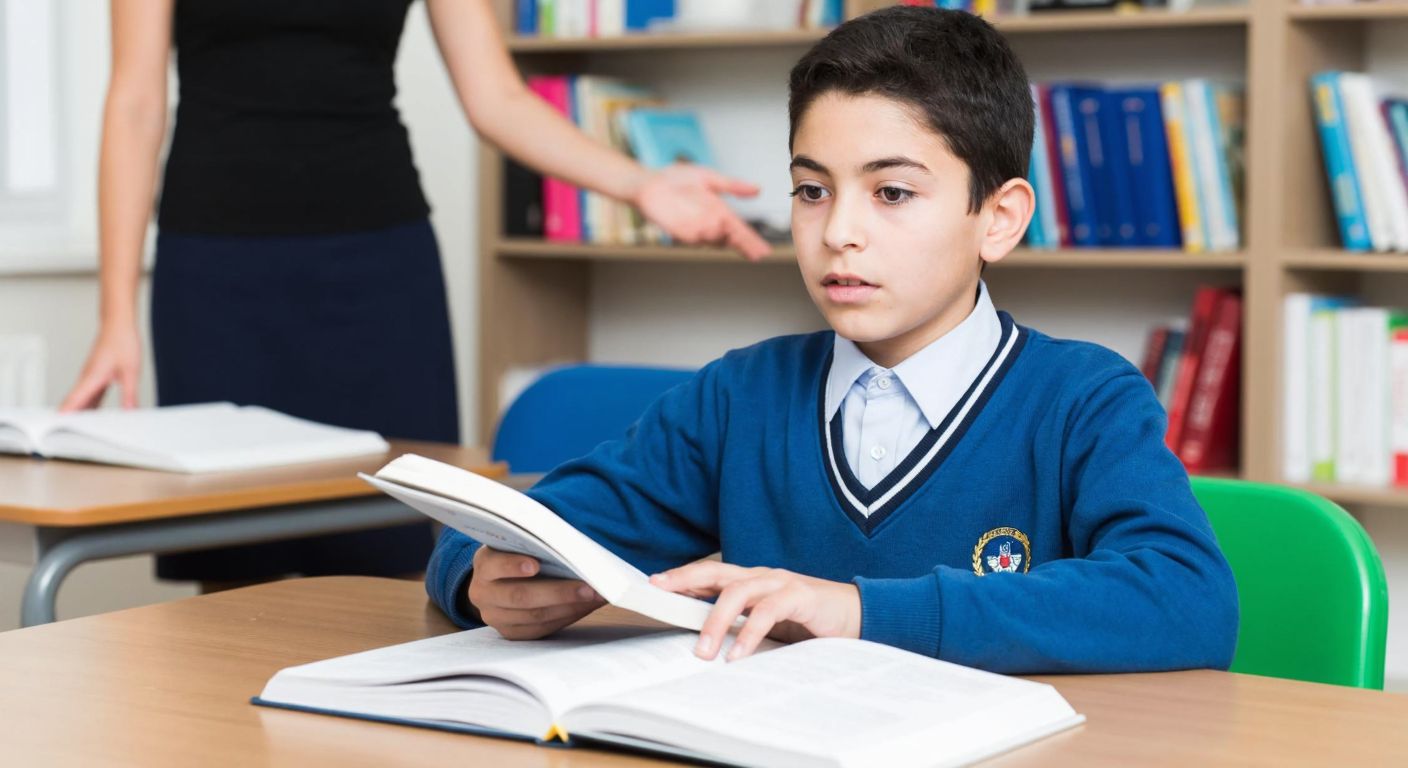 A Turkish middle school student in a blue uniform sits at a wooden desk, flipping through an English textbook with a curious expression, while a teacher in the background points to a bookshelf filled with educational materials.