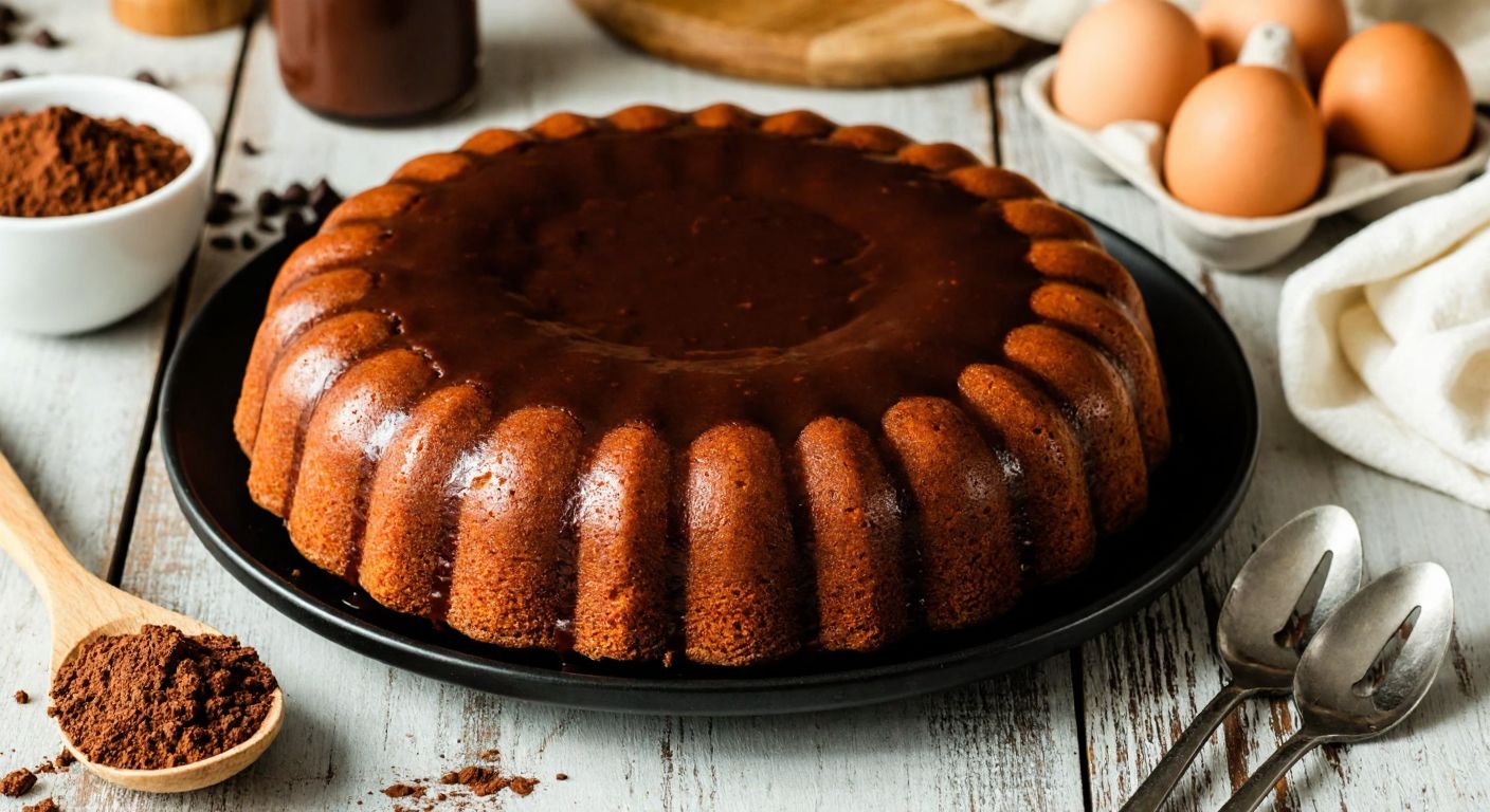 A warm, golden-brown chocolate cake with a rich cocoa glaze, placed on a rustic wooden table in a Turkish kitchen, surrounded by fresh ingredients like cocoa powder, eggs, and flour, evoking comfort and homemade delight.
