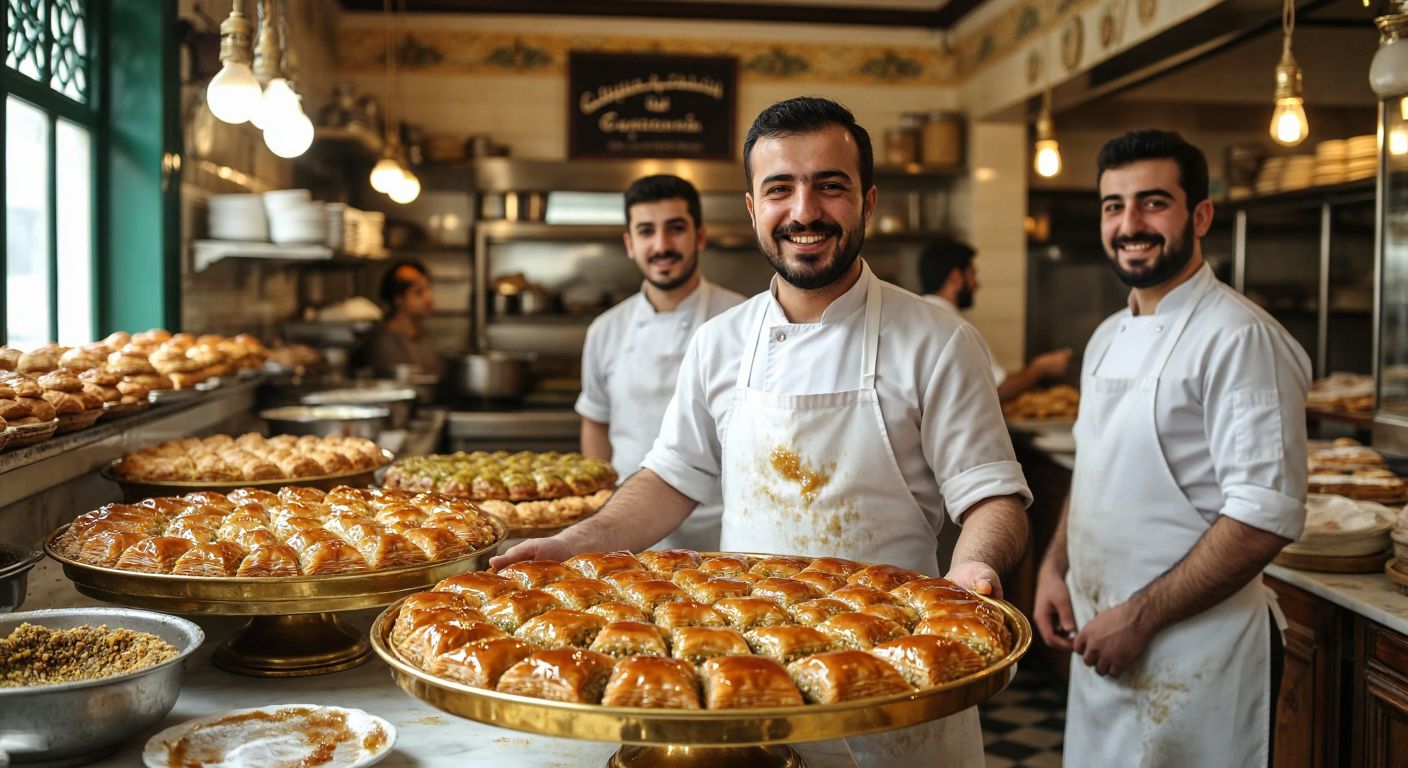 A warm, bustling bakery in Gaziantep with Bilal Şengül proudly standing behind a golden tray of flaky, syrup-drenched baklava, surrounded by smiling workers in white aprons.