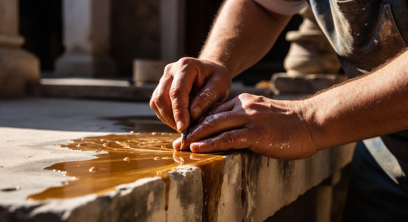 A close-up of a craftsman’s hands carefully applying glossy polish to a weathered stone surface in a sunlit Turkish courtyard, with droplets beading on the treated area.