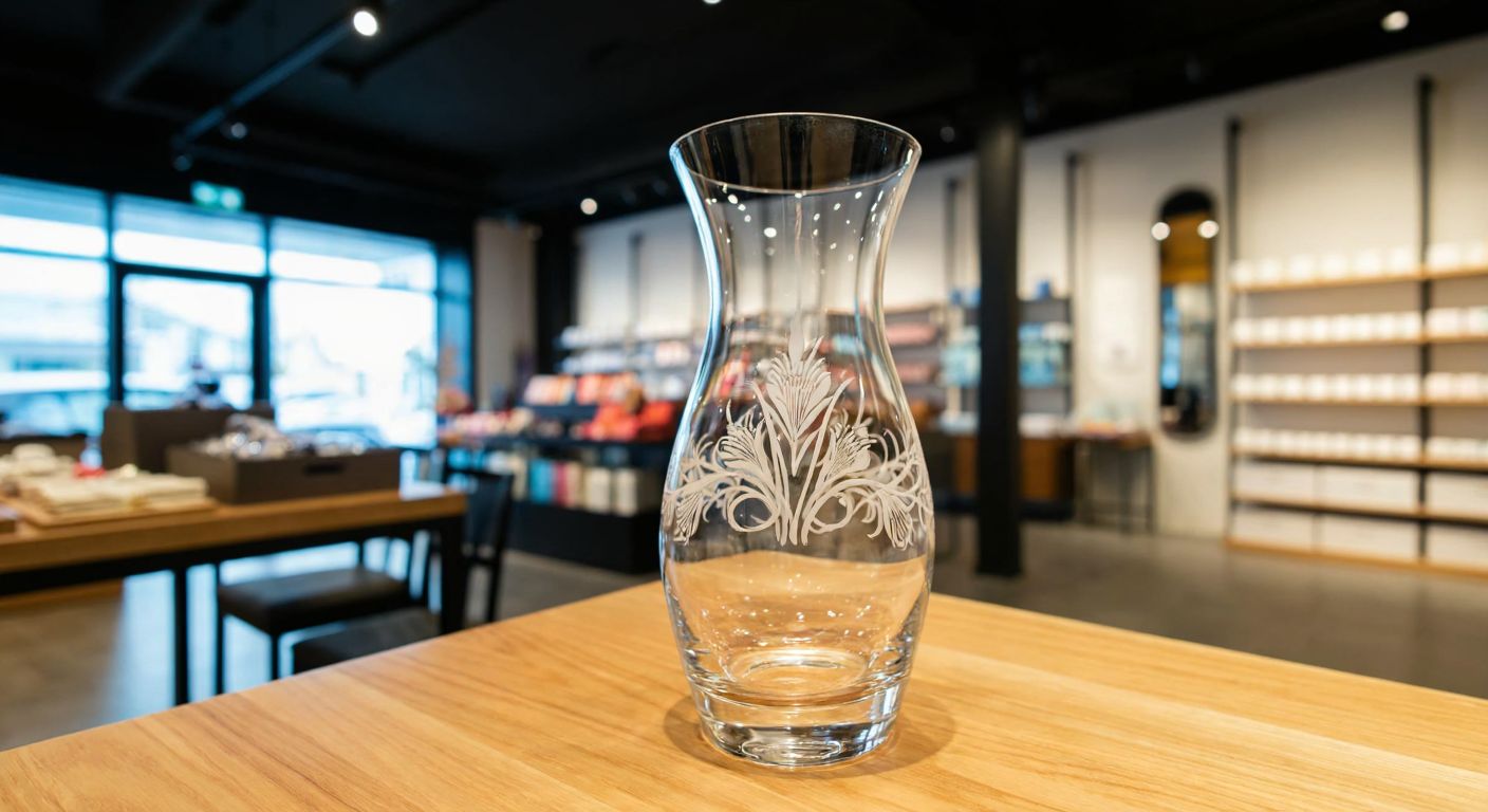 A sleek glass vase with intricate Turkish floral patterns sits on a wooden table inside a well-lit modern store, reflecting the elegance of Paşabahçe's craftsmanship.