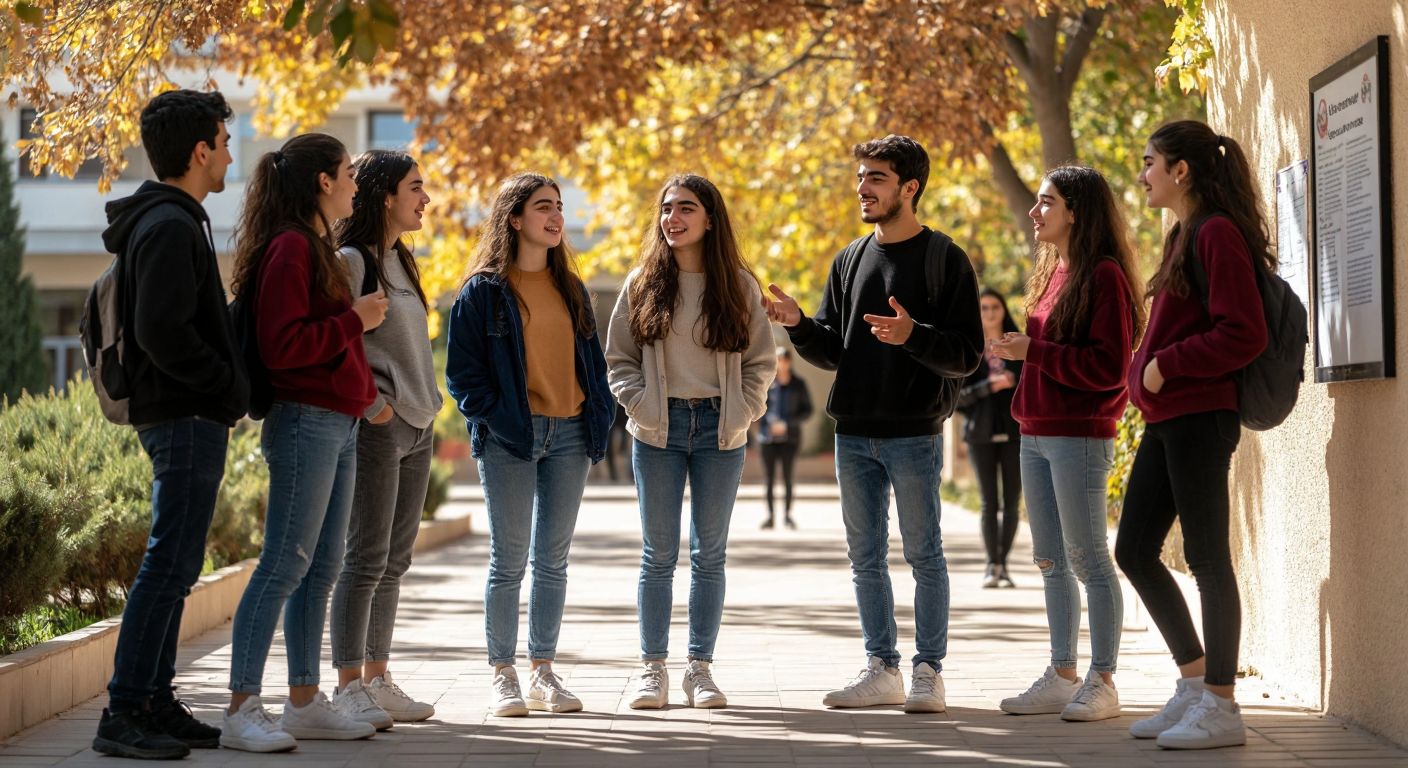 A group of Turkish high school students in casual clothing—jeans, sweaters, and sneakers—chatting animatedly in a sunlit school courtyard, with one gesturing toward a bulletin board displaying a notice about uniform regulations.