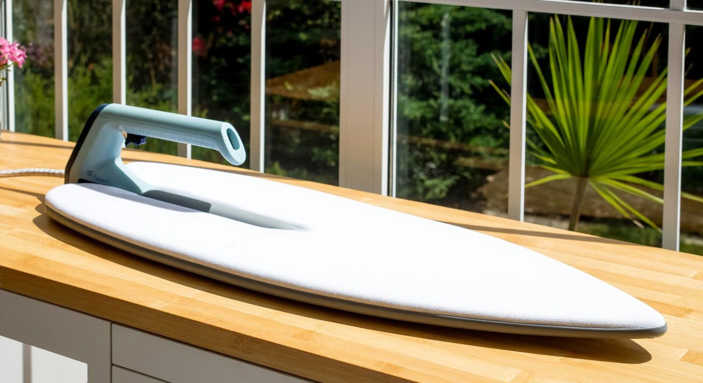 A neatly arranged ironing board with a smooth, heat-resistant cover next to a sturdy ironing mat made of silicone, both placed on a wooden table in a sunlit Turkish home.