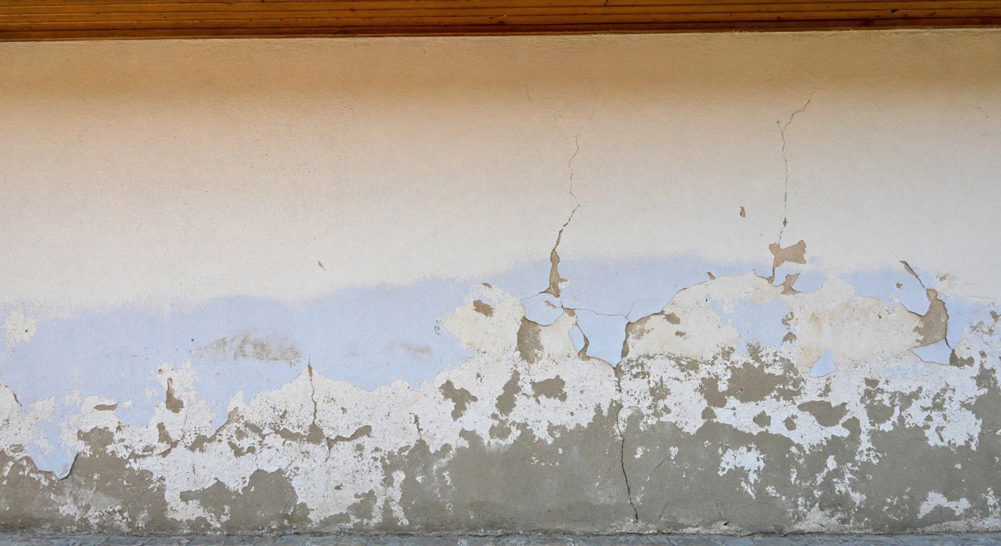 A cracked, peeling wall with uneven paint colors and visible surface imperfections, set against the backdrop of a traditional Turkish house with faded exterior details.