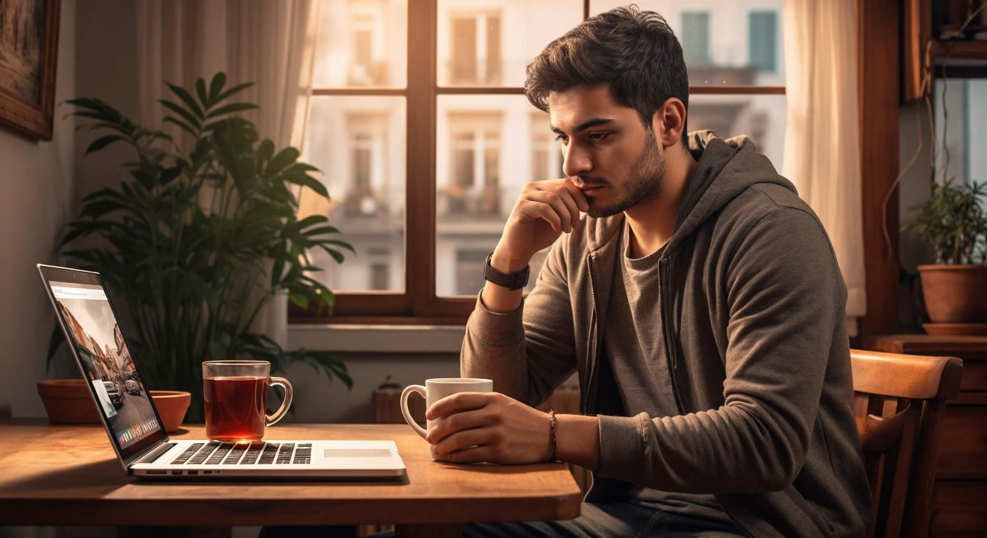 A young Turkish man in a casual outfit sits at a wooden table in a cozy home, carefully examining a laptop screen displaying an online electronics store, while holding a steaming cup of çay (tea) with a thoughtful expression.