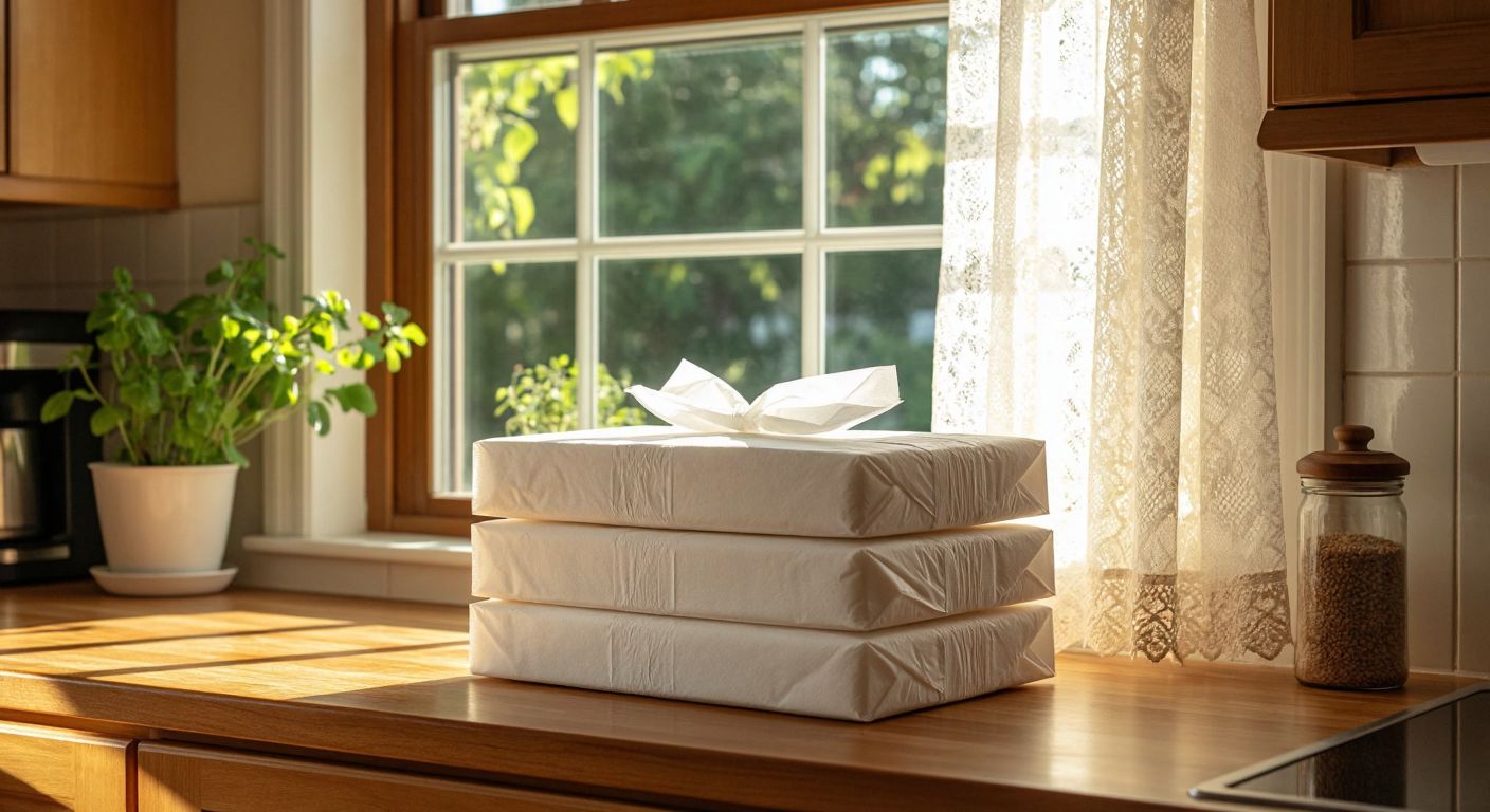 A neatly stacked pile of 18 white tissue paper packages with a sleek dispenser on a wooden kitchen counter in a Turkish home, sunlight streaming through a lace-curtained window.